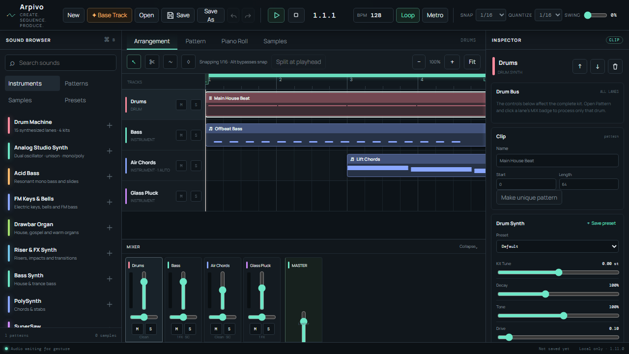 Arrangement view with drums, bass, chords and lead tracks across the timeline