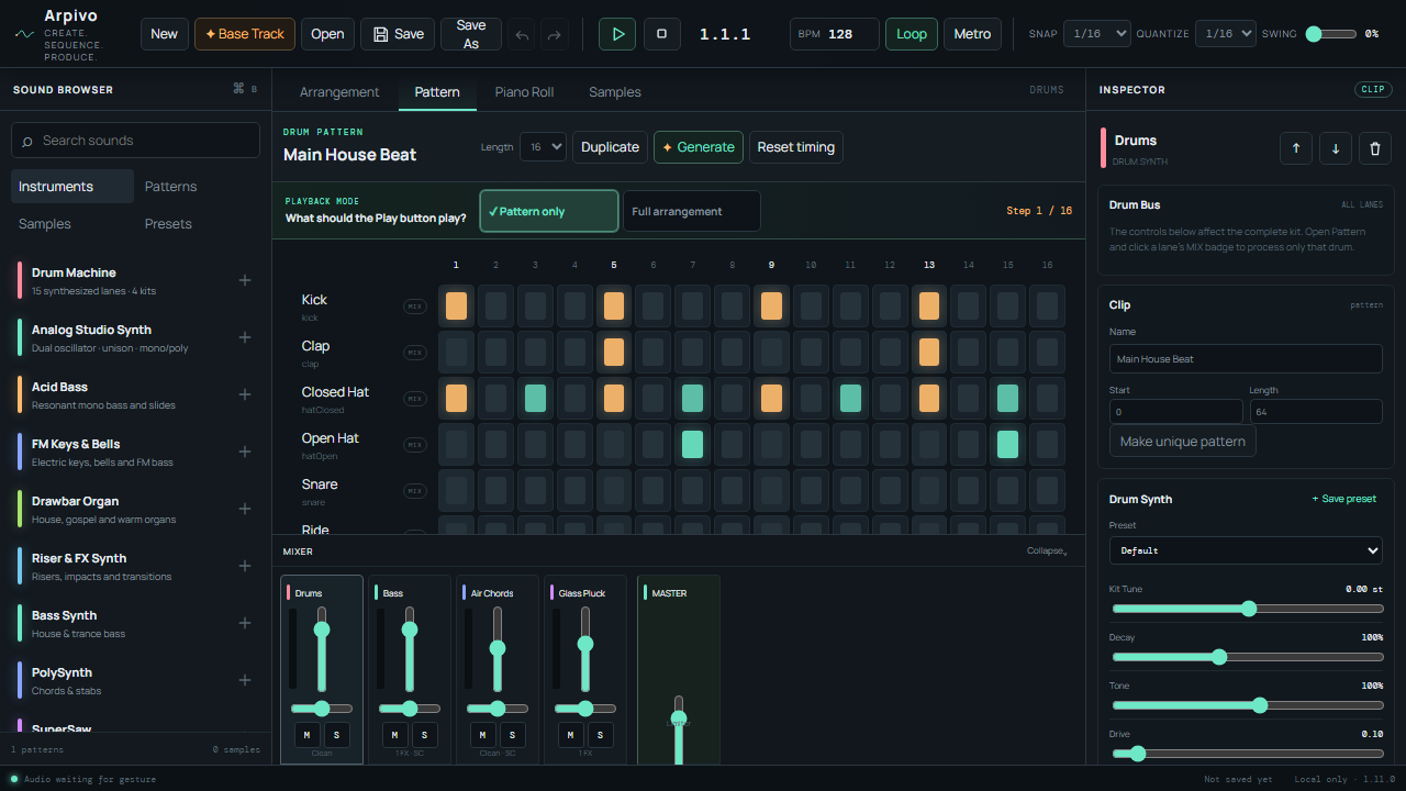 Arpivo pattern editor showing a detailed multitrack step sequence
